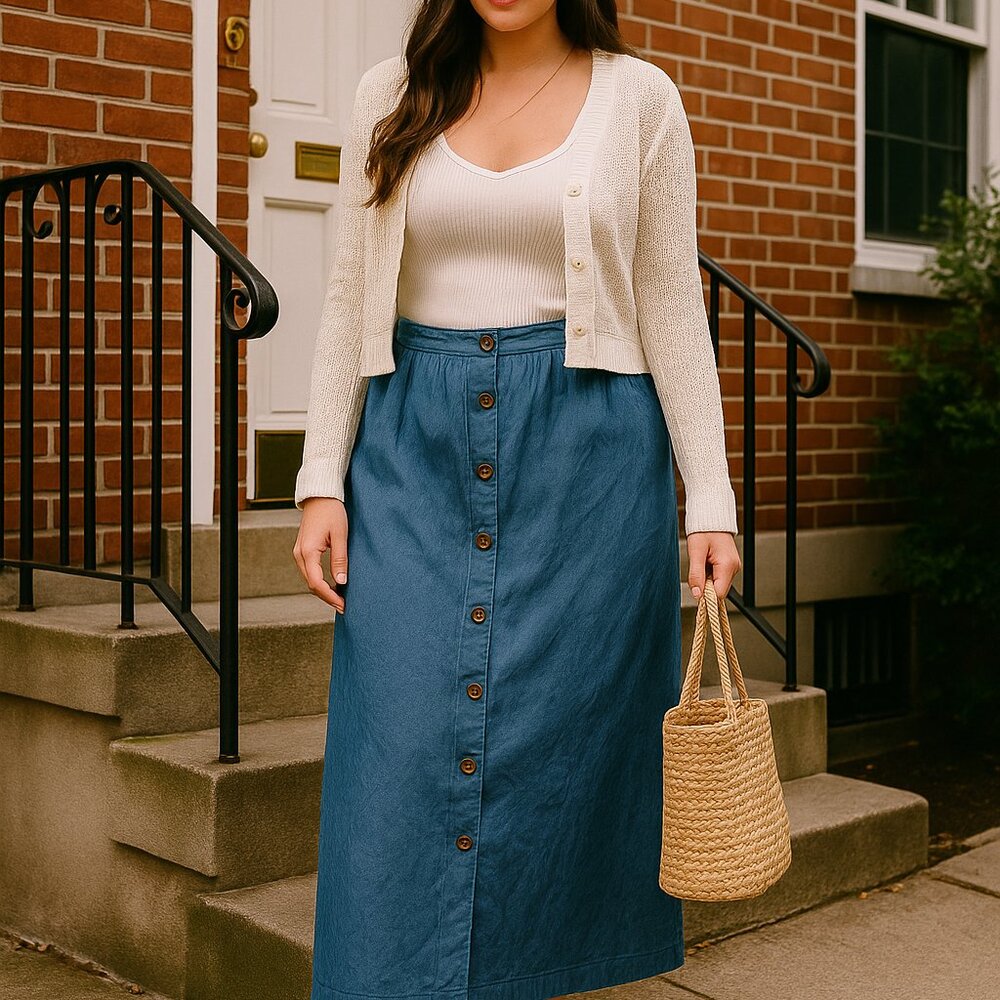 Vintage 80's Lucia Midi Skirt full button closure size 18/Large Blue USA Office